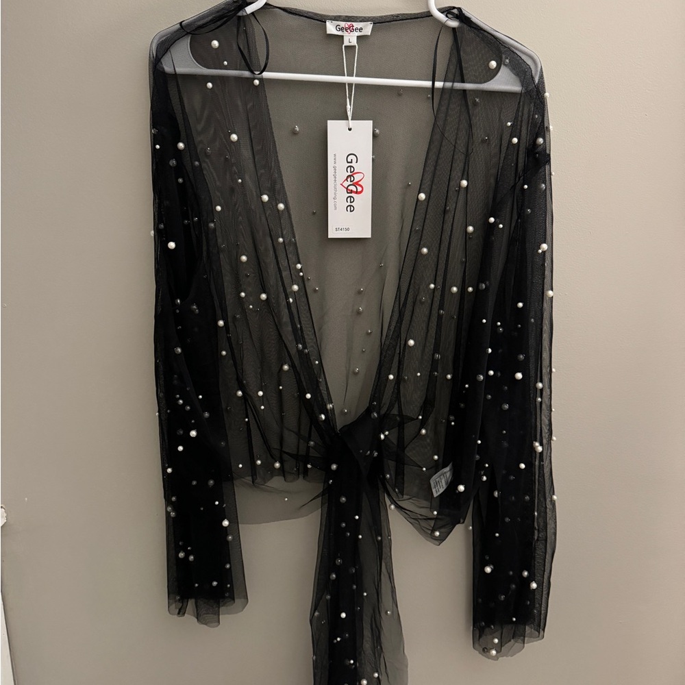 Goddess Black Sheer Pearl-Embellished Wrap